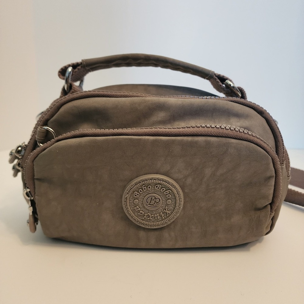 Bobo Crossbody Bag Taupe Nylon Triple Zip Multi Pocket‎ Messenger Womens Small